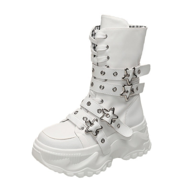Women's Platform Martin Round Toe Belt Buckle Motorcycle Strap Women's Leather Boots
