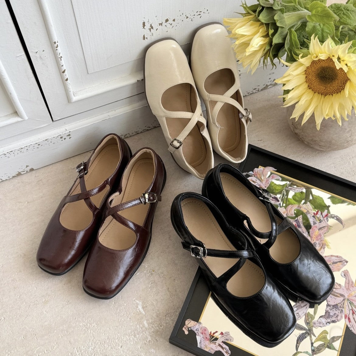 Women's French Flat Pumps Vintage Low-cut Square Head Ballet Women's Casual Shoes