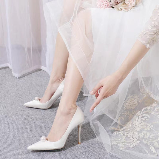 Women's Pearl Drill Buckle High Stiletto Pumps Satin Bridesmaid Dress Women's Fashion Shoes