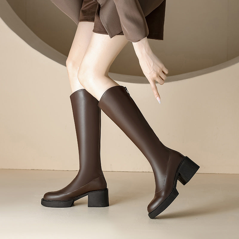 Women's High Thick Bottom Small Size Below The Knee Fat Women's Leather Boots
