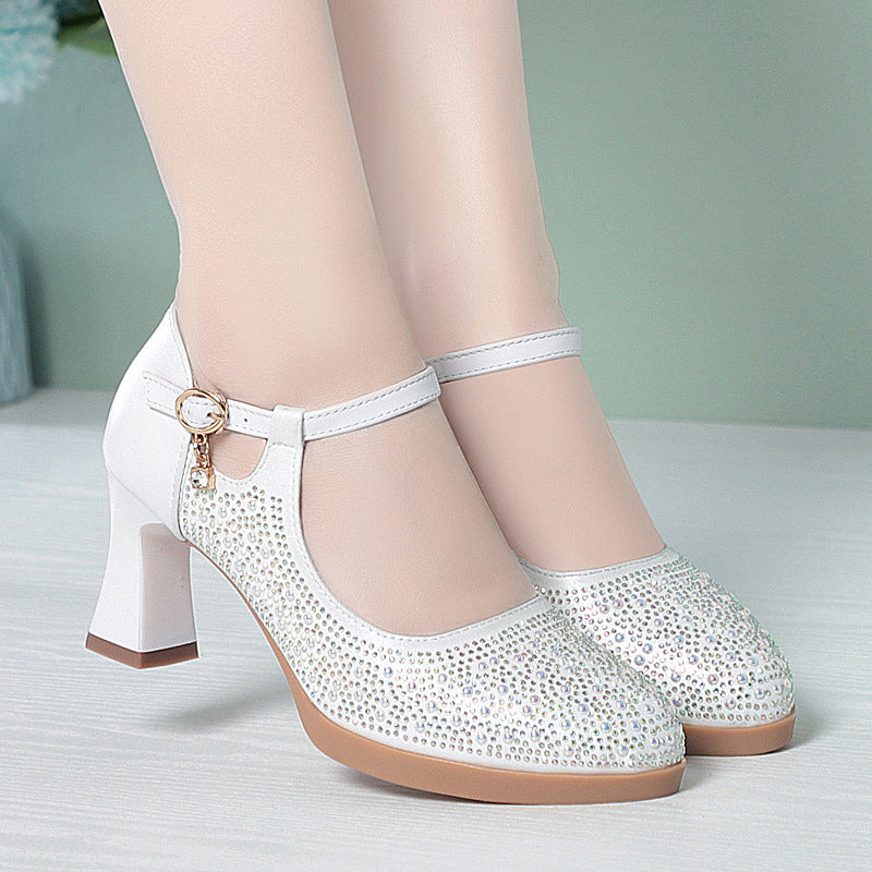Women's Not Tired Feet Buckle Genuine Chunky Heels