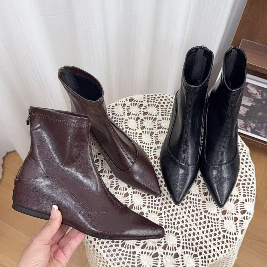 Increasing Insole Pointed Toe Knee-high Female Chelsea French Retro Skinny Women's Leather Boots