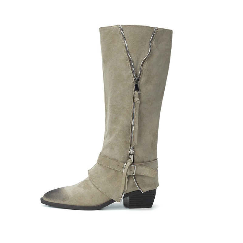 Women's Rub Colored Suede Belt Buckle Side Zipper Pile Style Knight Women's Leather Boots