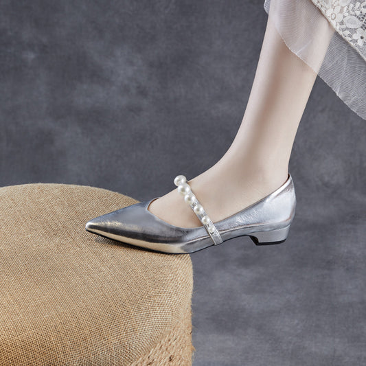 Women's Mary Jane Flat Pointed Pearl Strap Women's Shoes