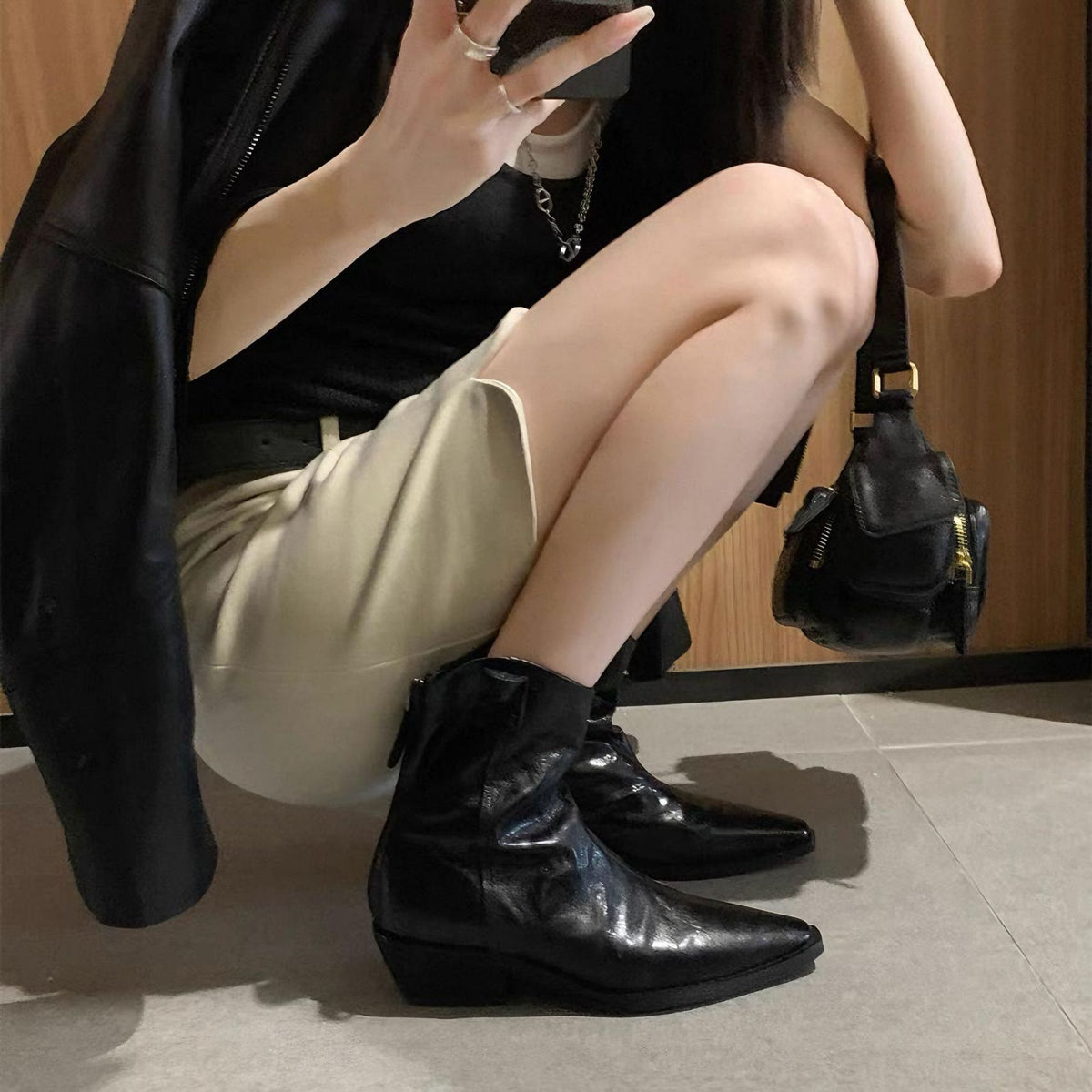 Knee-high Female Chelsea French Style Vintage Crumpled Skinny Chunky Genuine Women's Leather Boots