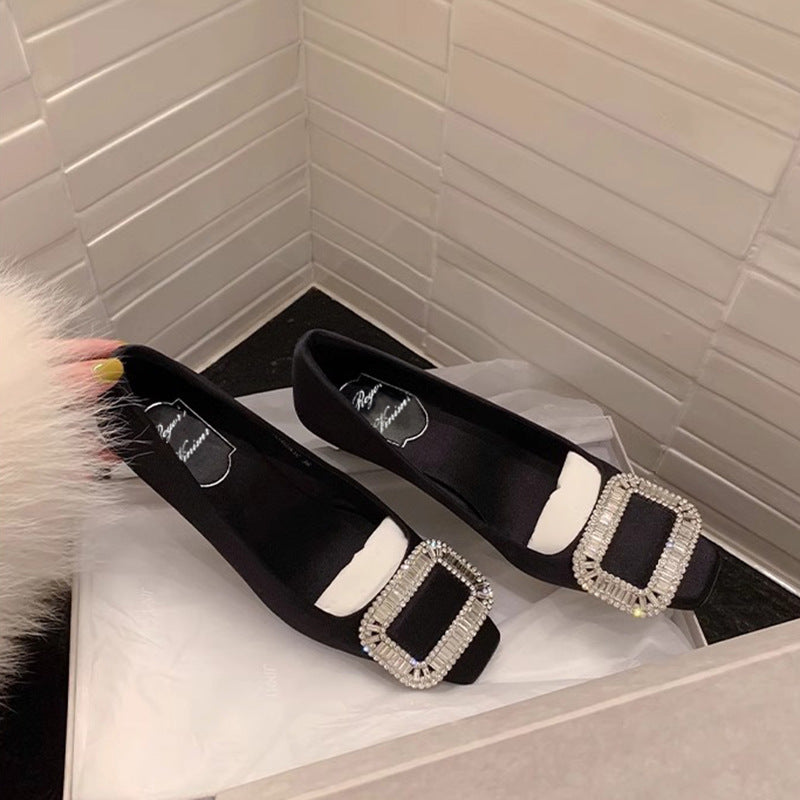 Women's High Black Satin Square Toe Chunky Rhinestone Women's Fashion Shoes
