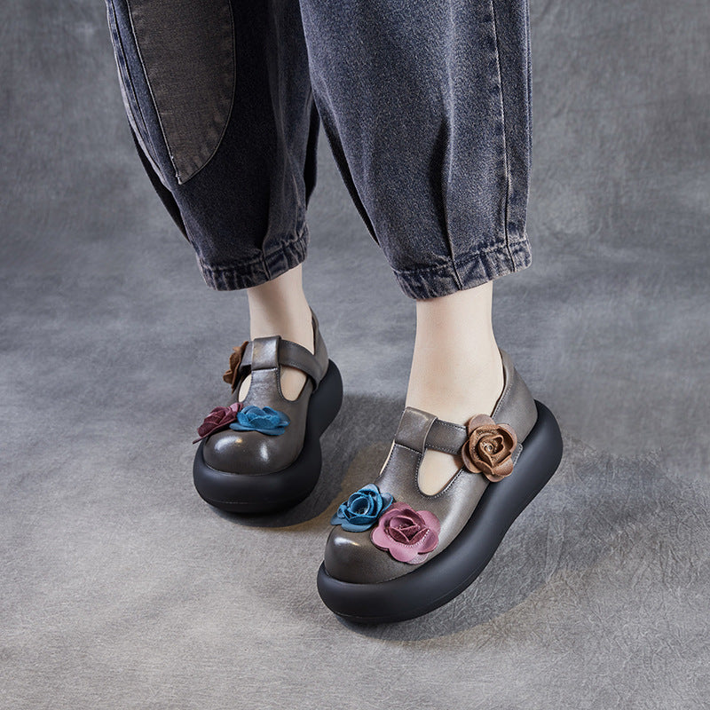 Women's Platform Flower Mary Jane First Layer Cowhide Men's Shoes