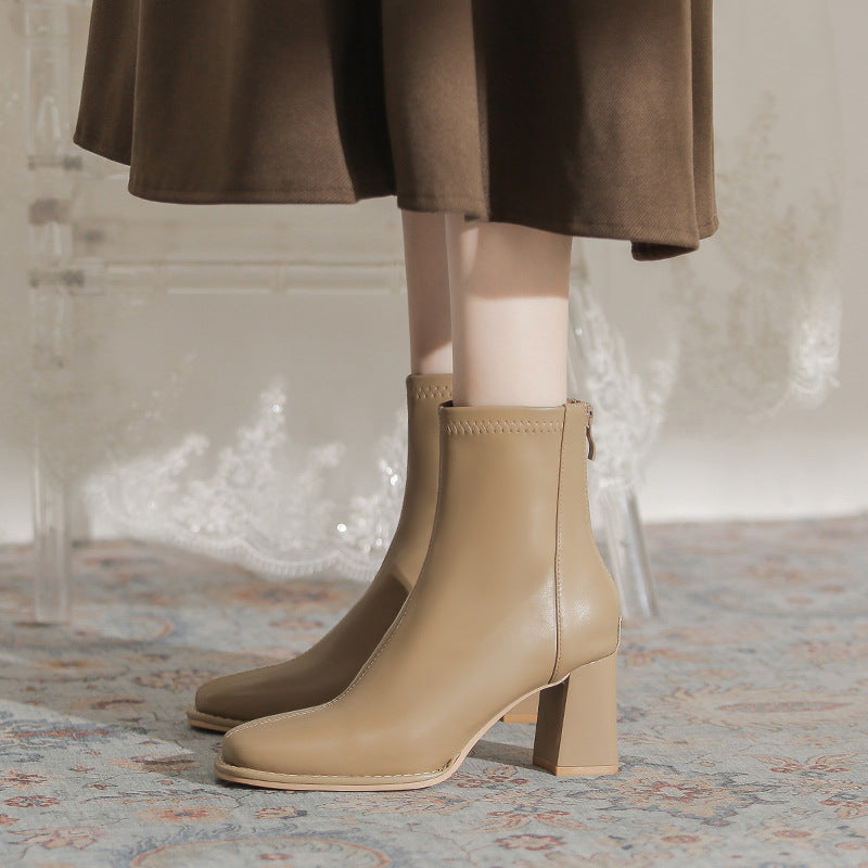 Women's Chunky Martin Simple Square Toe High Slimming Women's Leather Boots
