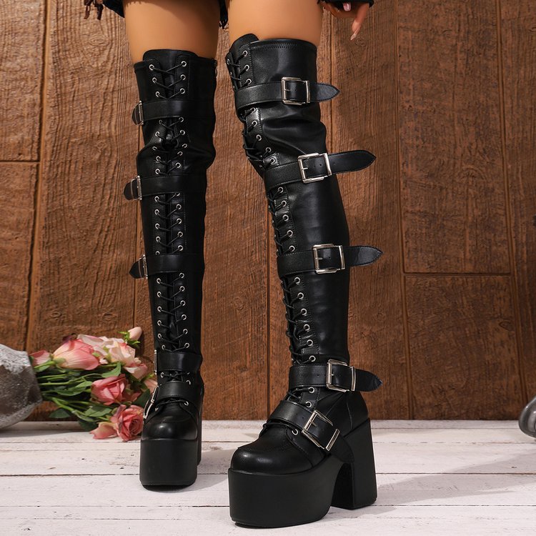 Dark Asian Culture Punk Belt Buckle Chunky Fashion Women's Leather Boots