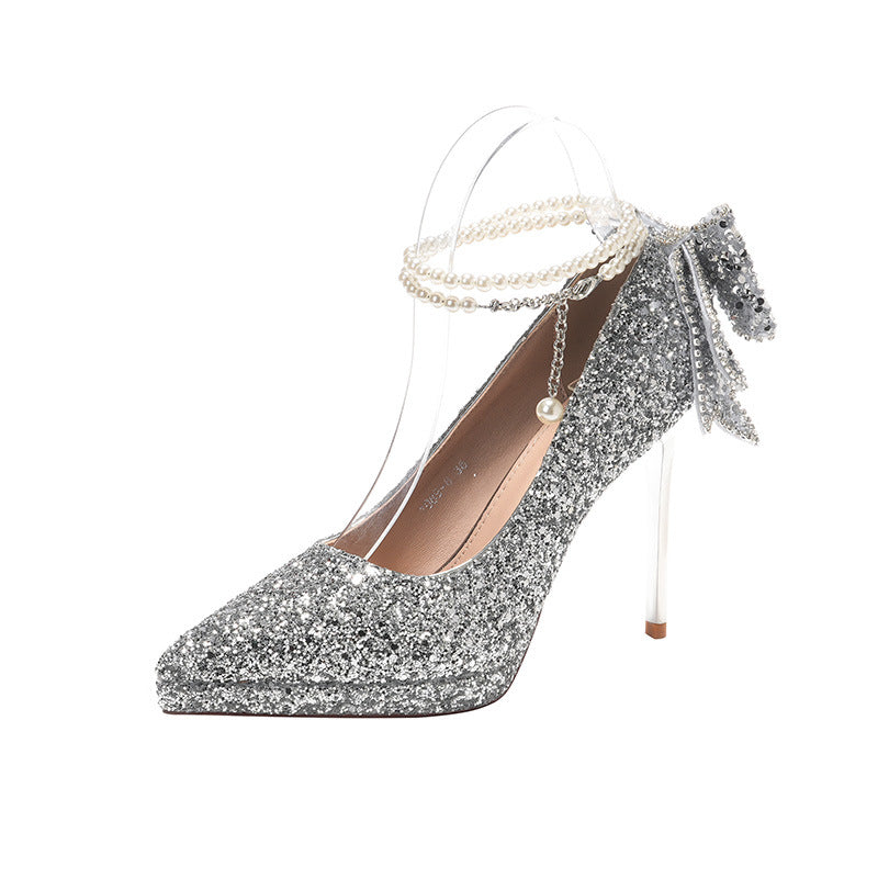 Women's Crystal Sequined Adult Ceremony Pearl Chain Bow Heels