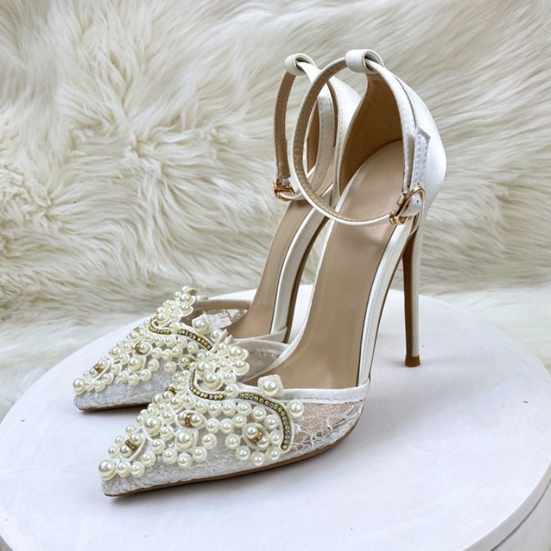 Women's Pointed Toe Cap Rhinestone Lace Buckle High Heeled Sandals