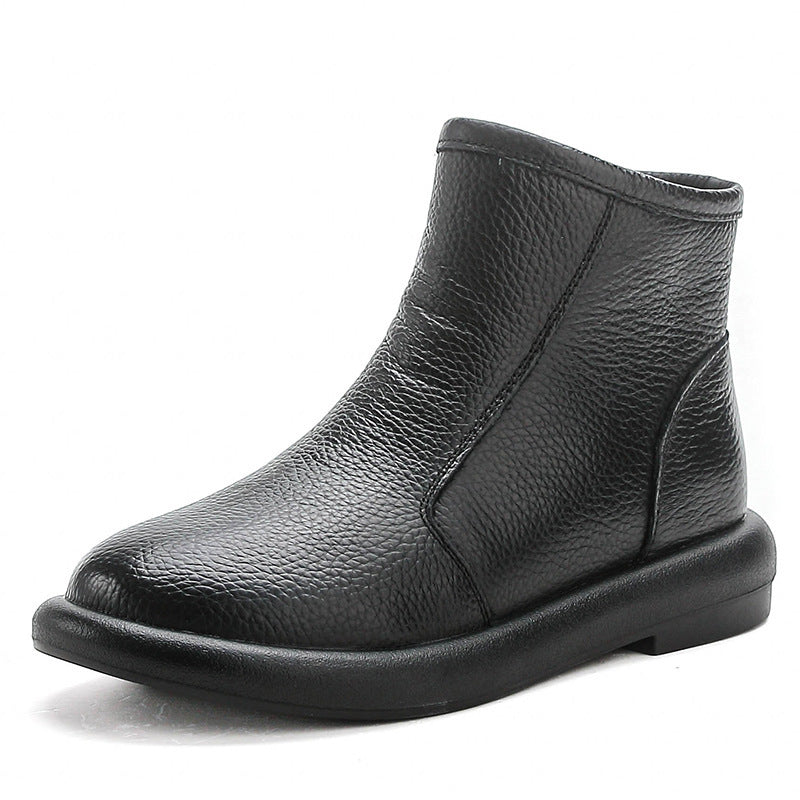 Women's Cowhide Real Wool Low Martin Vintage Genuine Short Round Toe Women's Shoes