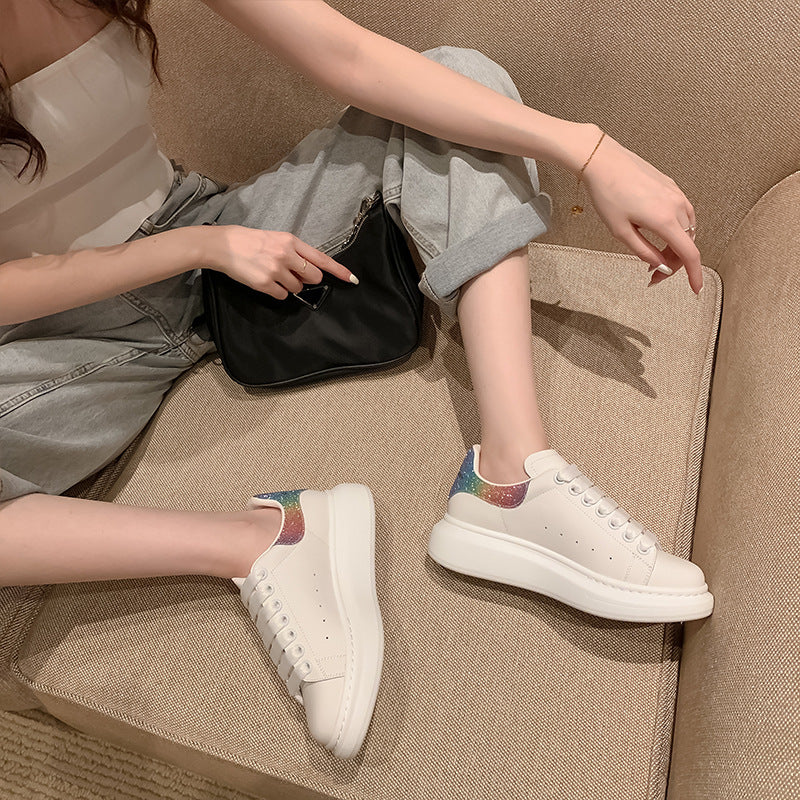 Women's Full Cowhide White Platform Sports Board Sneakers