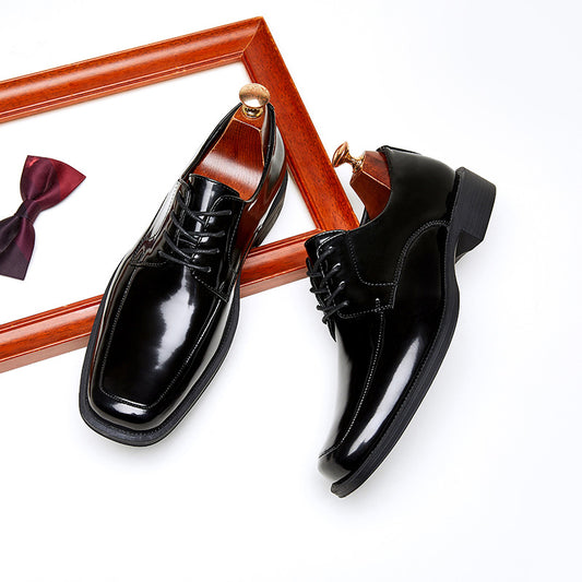 Men's Square Toe Glossy High-grade Paint Formal Wear British Derby Leather Shoes