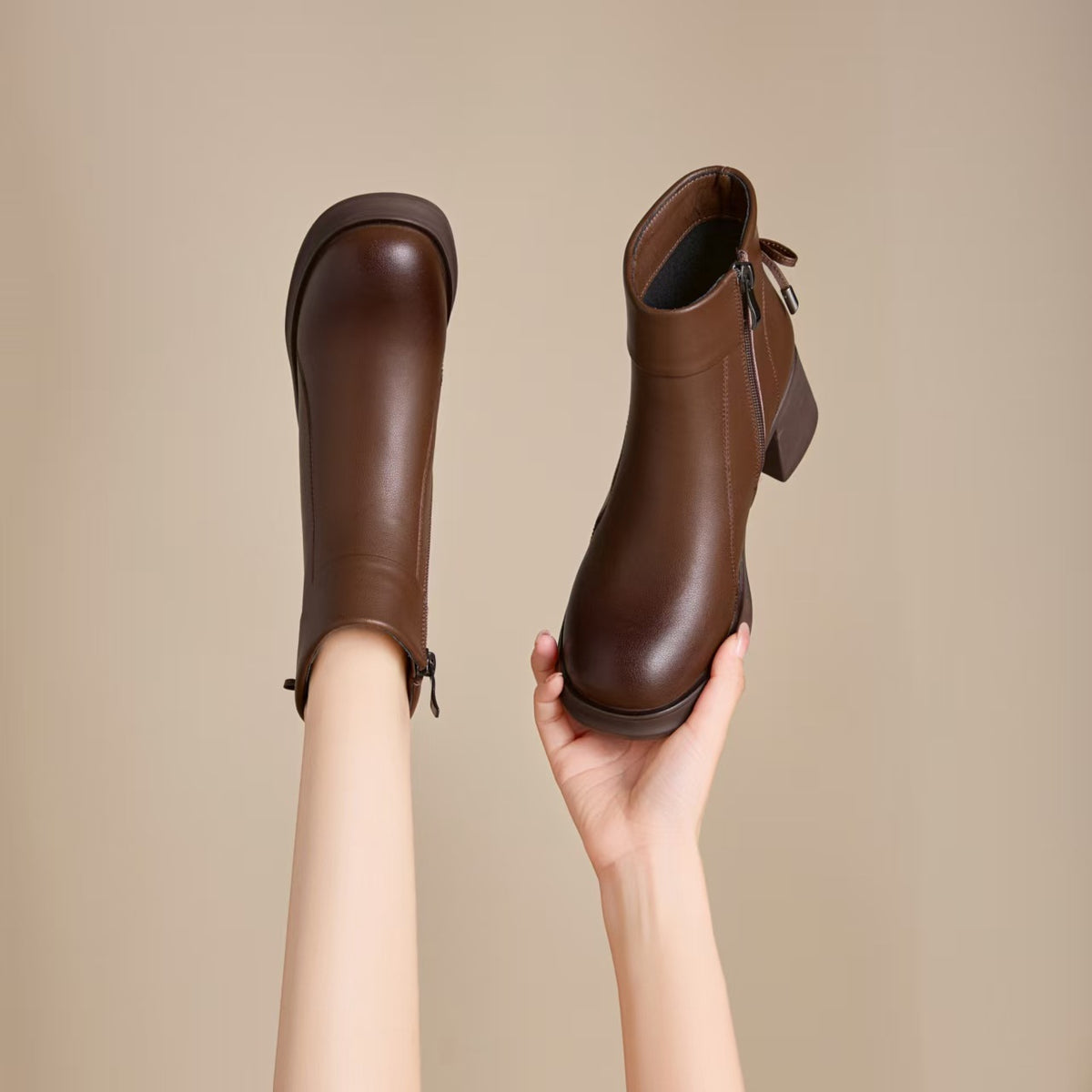 Women's Chunky Booties Martin Round Head High Women's Leather Boots