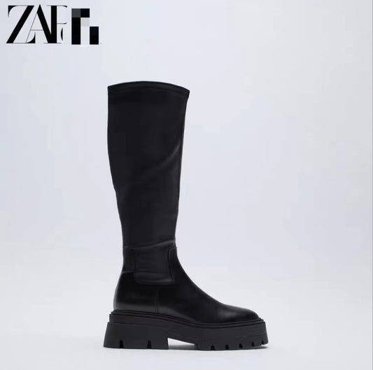 Women's Winter Long Simple Black Cow Wave Boots