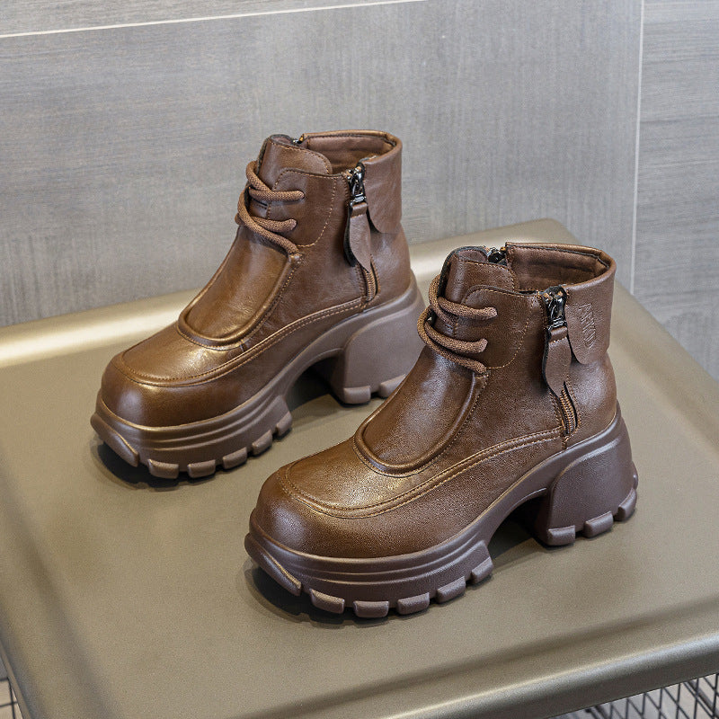 Women's Brown Winter Small Martin Thick Ankle Bottom Height Increasing Women's Cotton Shoes