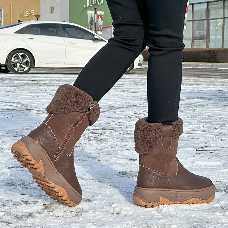 Women's First Layer Cowhide Winter Platform Plus Women's Snow Boots