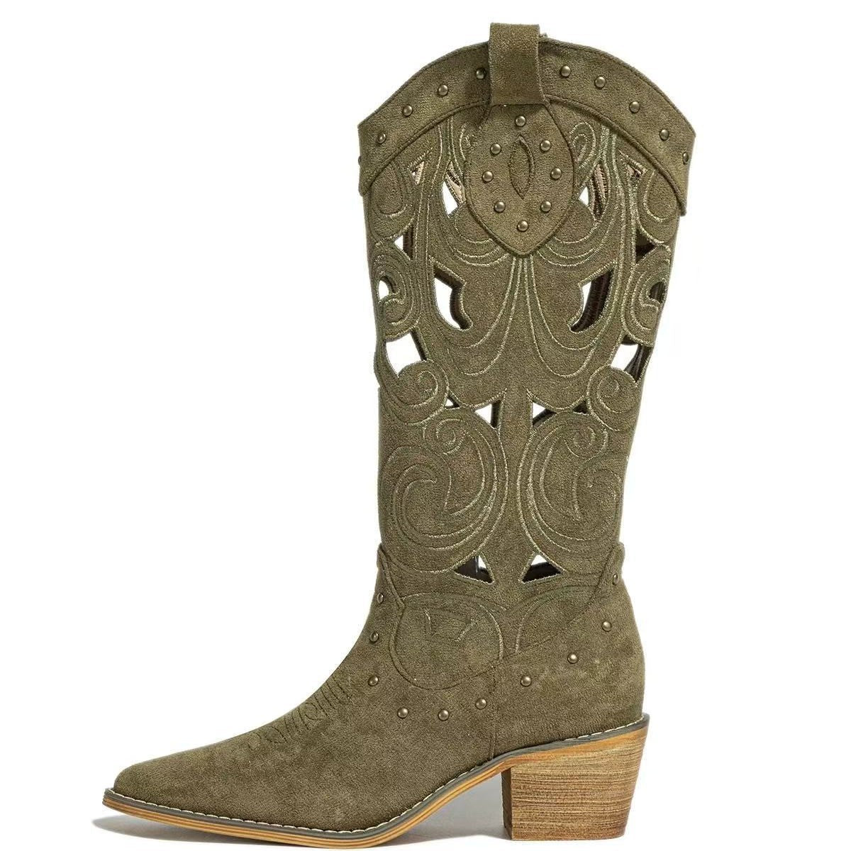 Women's Hollow Out Thick High Western Cowboy Embroidery Mid Retro Frosted Boots