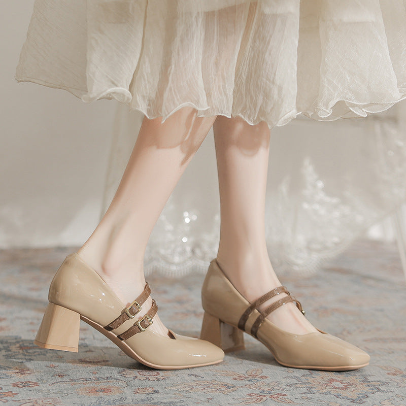 Women's Style Small Shallow Mouth Apricot Temperament Chunky Women's Fashion Shoes