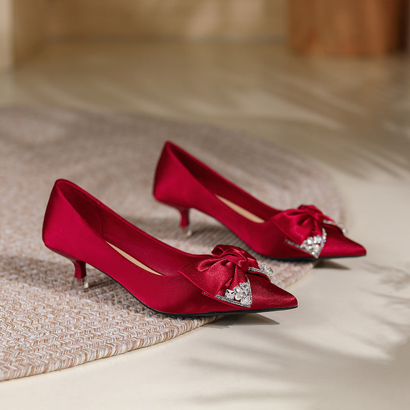 Women's Sheepskin Wedding Bridal Rhinestone Bow High Heels