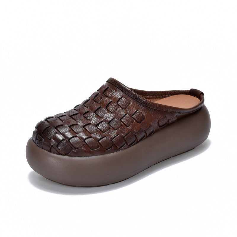 Women's Cowhide Vintage Hand-woven Closed Toe Light Outer Wear Thick Bottom Heels