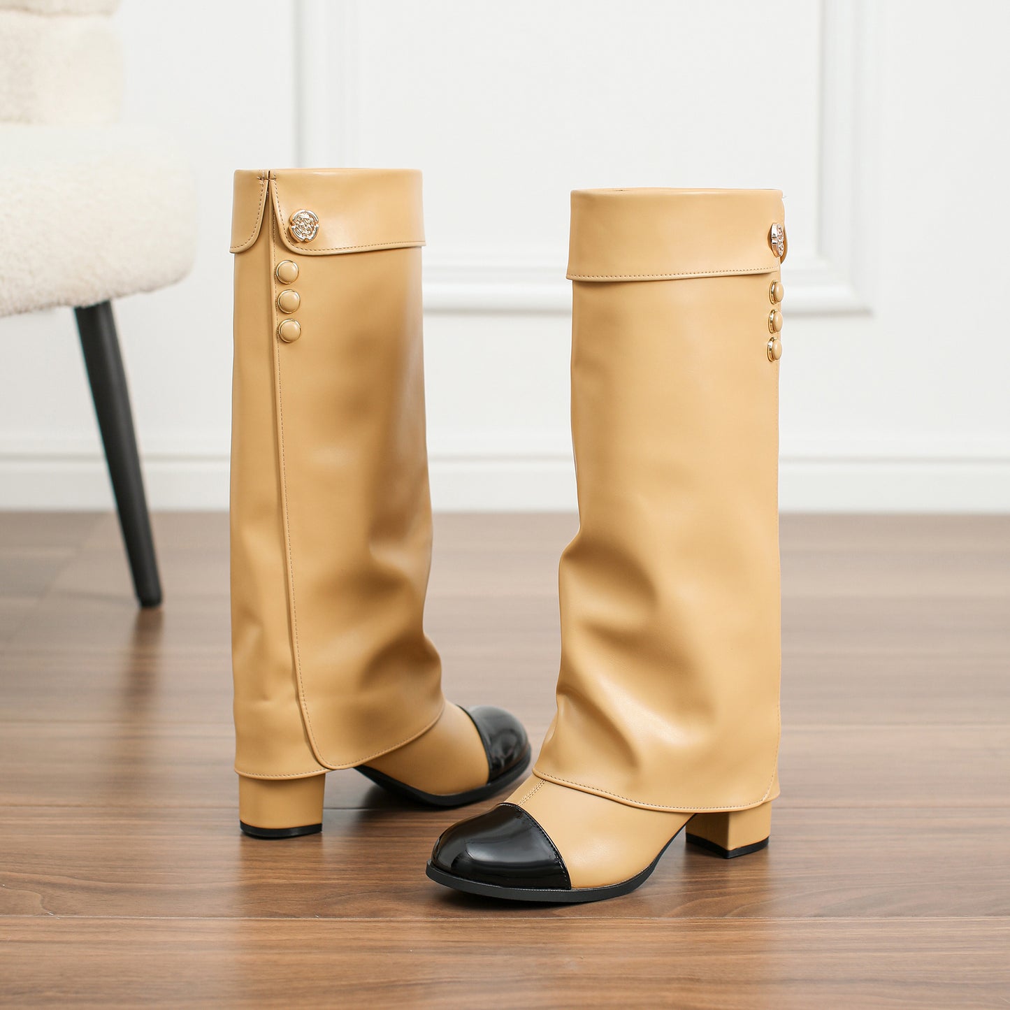 Women's Classic Style High-heeled Thigh Color Matching Round Toe High Pants Boots