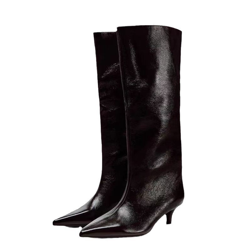 British Style Pointed Toe Below The Knee Large Circumference Women's Leather Boots