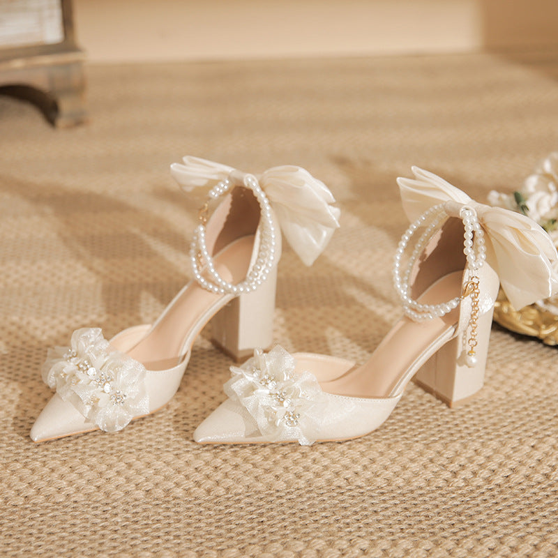 Women's Bow Strap Thick Toe Box Low-cut Rhinestone Bridal Wedding Women's Fashion Shoes
