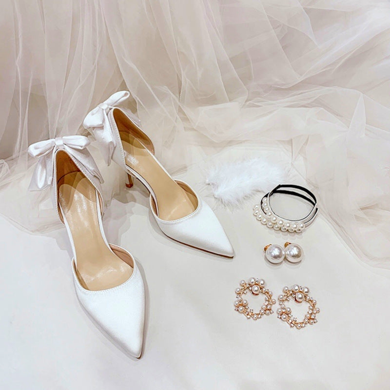 Women's Solid Color Low Cut High French Satin Wedding Pumps Fairy Heels