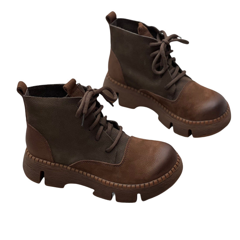 Retro Handmade Genuine Platform Martin Round Toe Women's Leather Boots