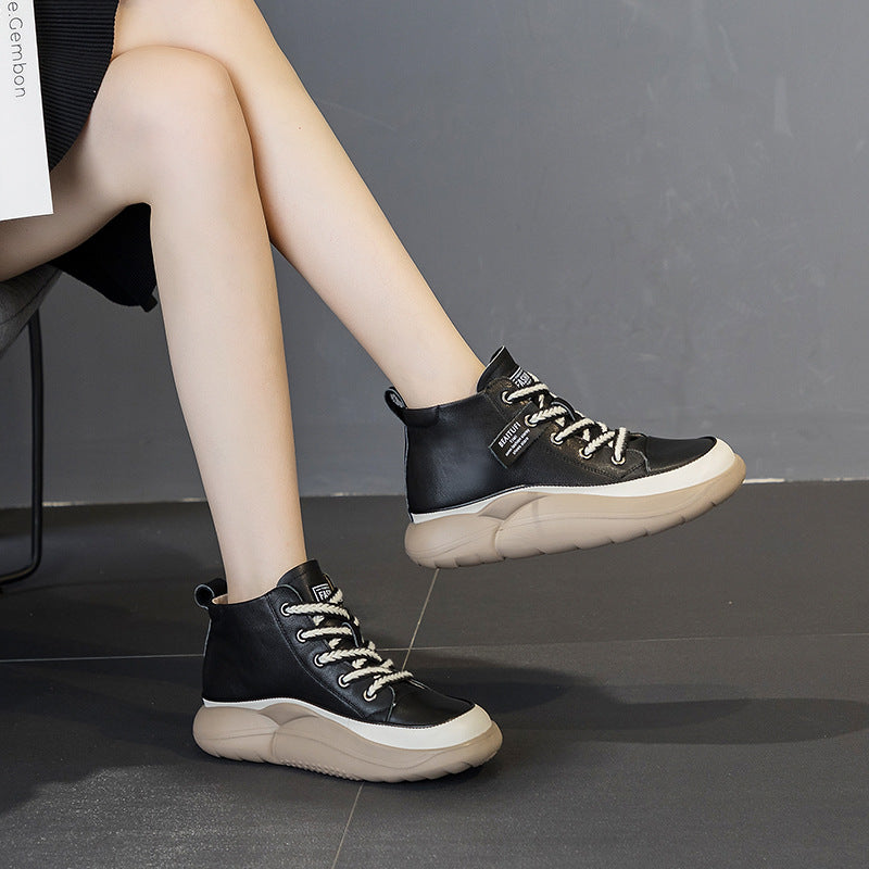 Women's Layer Cowhide White Spring Thick Bottom Nurse Casual Shoes