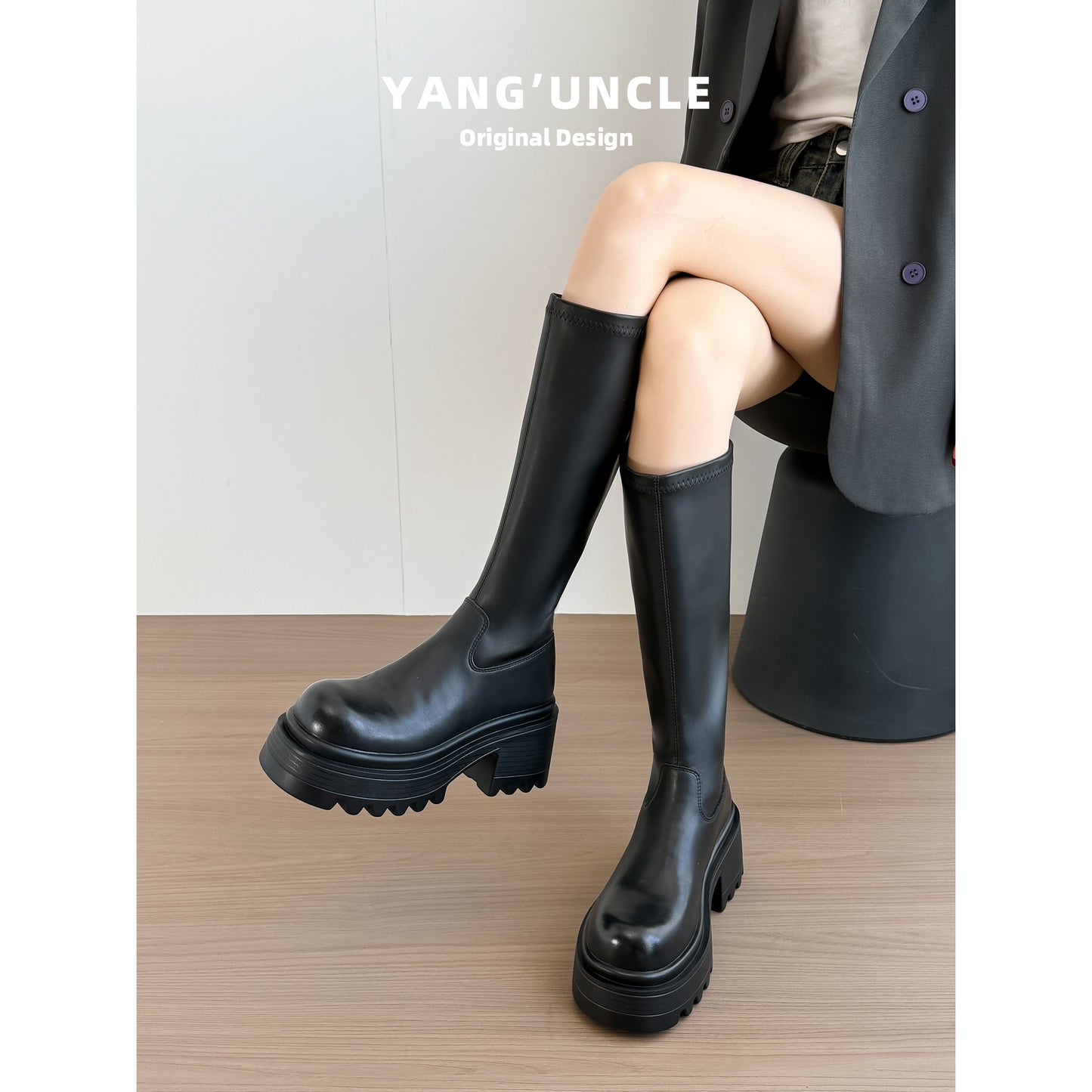 Double Tube Circumference Large Size Thick Bottom Height Increasing Insole Women's Leather Boots