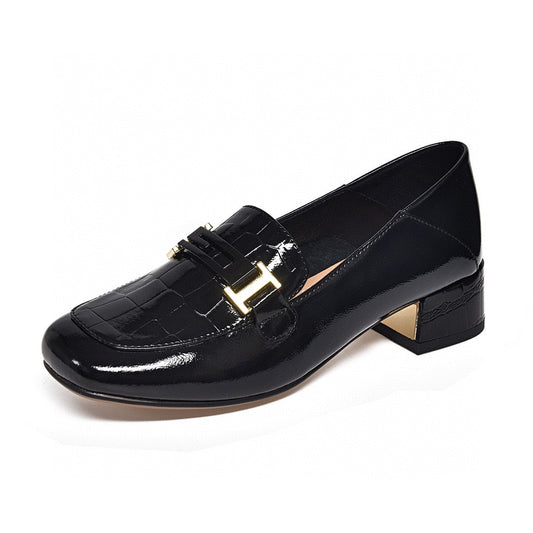 Women's Round Toe Autumn Patent Cowhide Metal Buckle Heels