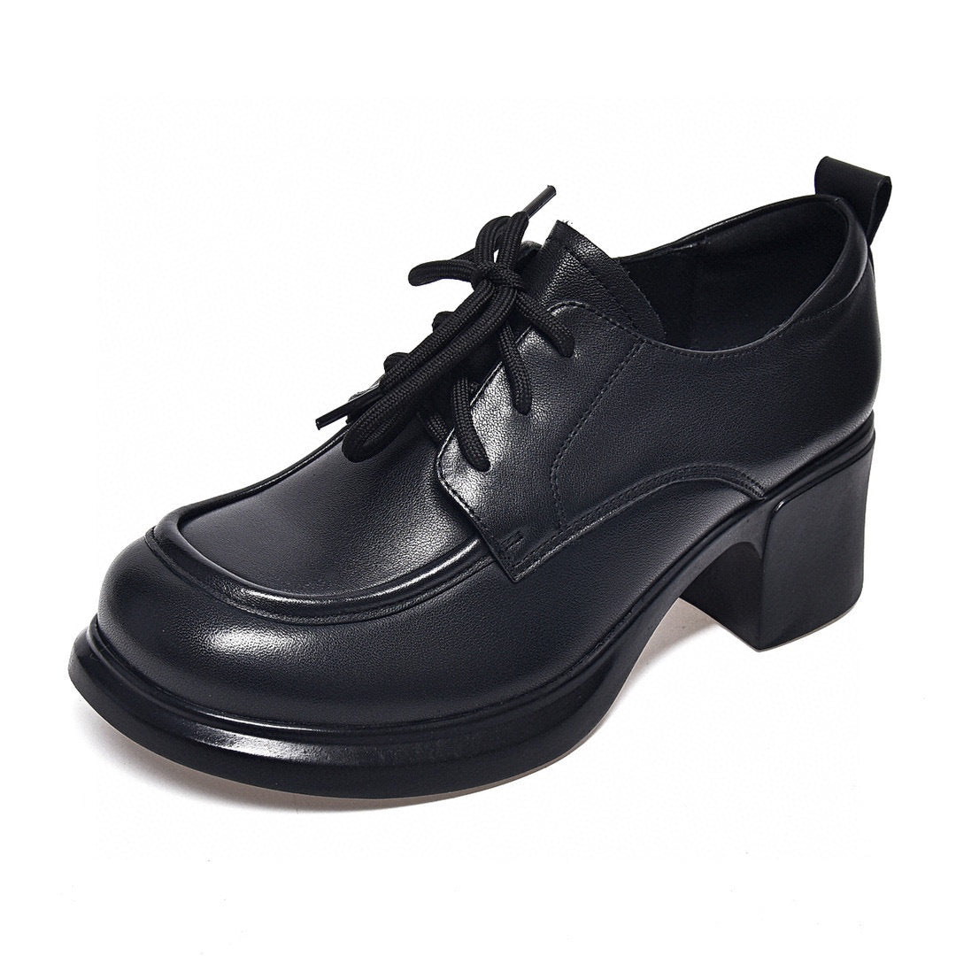 Women's Round Head Chunky Small Spring Full Grain Cow Preppy Loafers