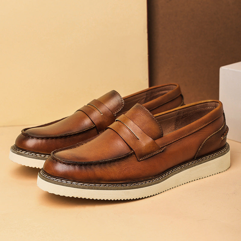 Men's Grain Cowhide Business Round Head Thick Casual Shoes