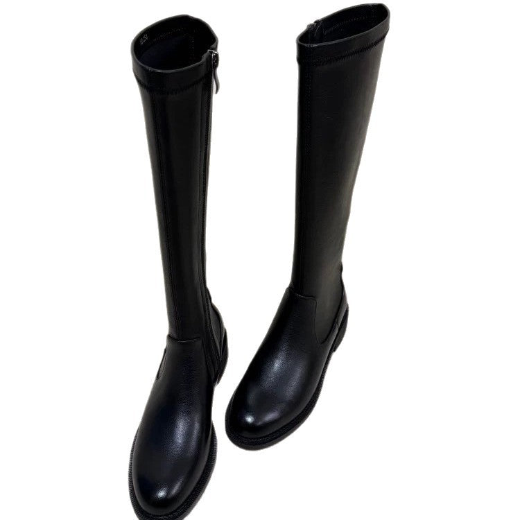 Women's Simple Graceful Round Head Chunky Knight Side Zipper Long Tube Women's Leather Boots