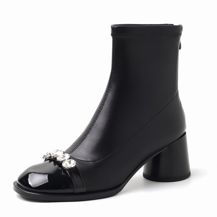 Women's Rhinestone French Round Head Chunky Stretch Thin Women's Leather Boots