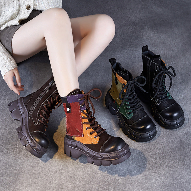 Women's Color Matching Thick Bottom First Layer Cowhide Women's Leather Boots