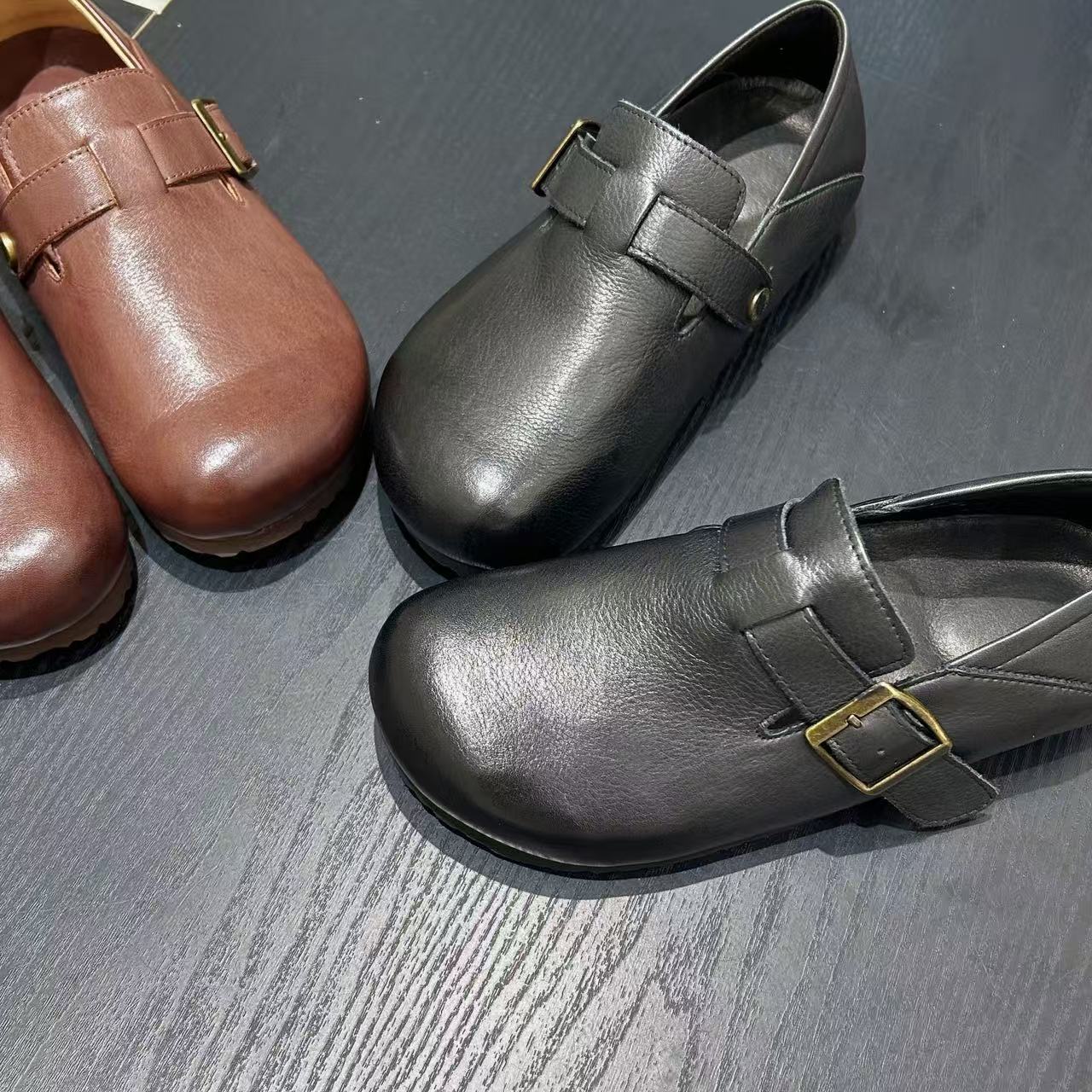 Women's Layer Cowhide Four Wearable Ugly Cute Slip-on Closed Flat Slippers