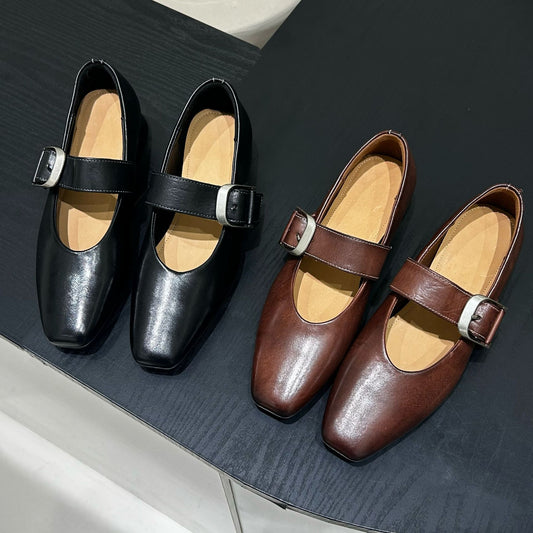 Horse French Style Mary Jane Spring Square Toe Vintage Leather Shoes