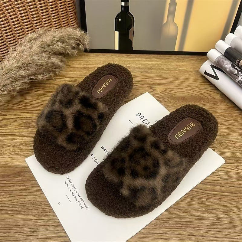 Plush Temperament Leopard Print Retro Fashion Lazybones Soft Bottom Sandals