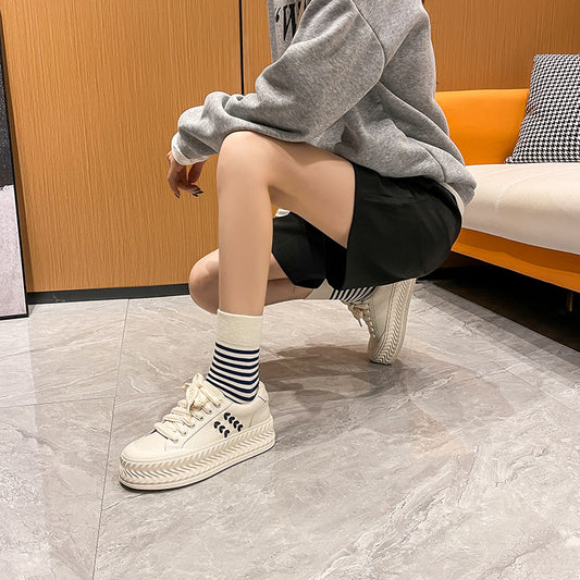 Women's Biscuit White Genuine Four Black Puff Contrast Color Sneakers