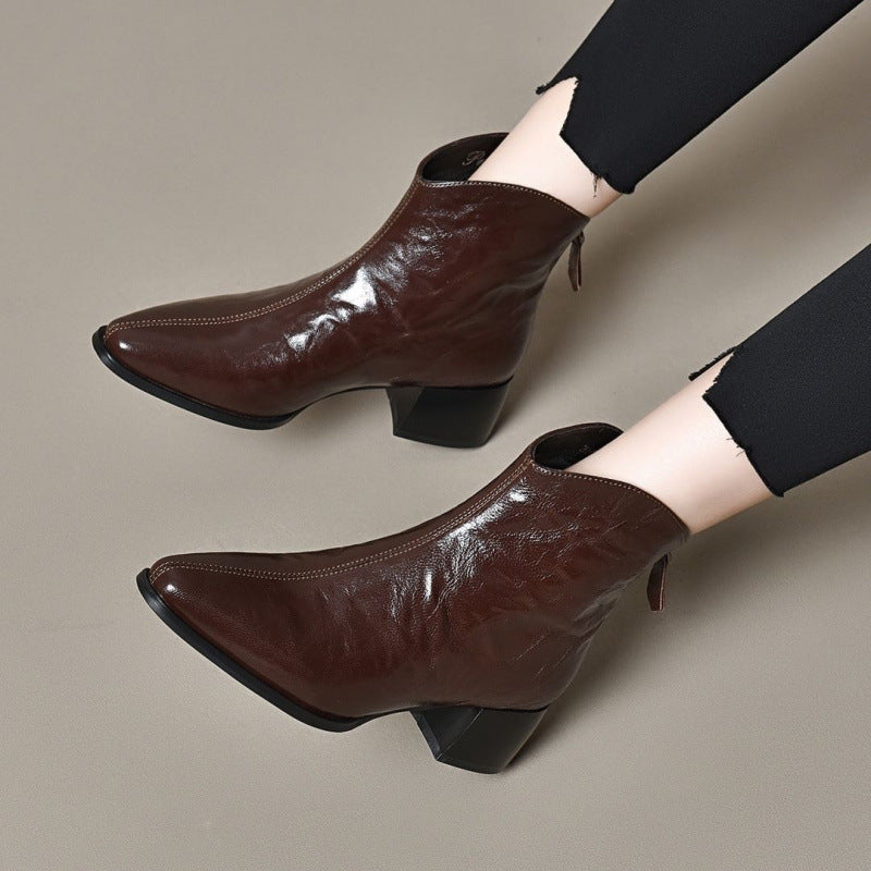 Women's Chunky Temperament Booties Soft Bottom Outdoor Pointed Women's Leather Boots