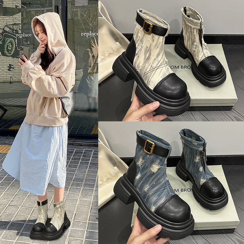 Women's Martin Distressed Denim Motorcycle Flat Bottom Super Hot Women's Leather Boots
