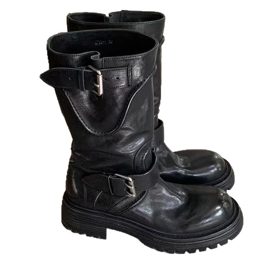 Women's Retro Platform Chunky Knight Round Toe Buckle Women's Leather Boots