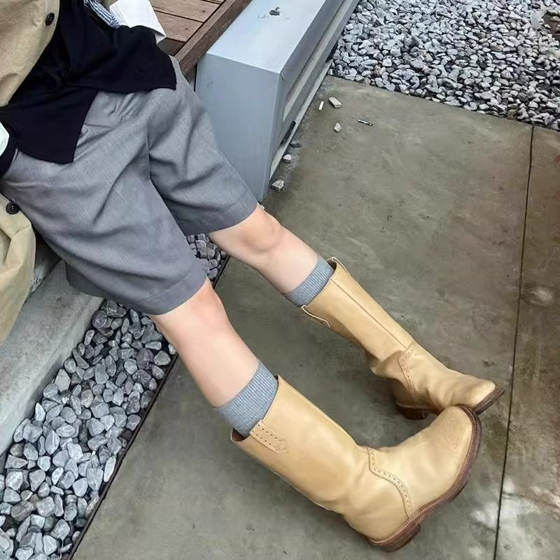 Square Toe Chunky Embroidery Western Cowboy Female Hot Women's Leather Boots
