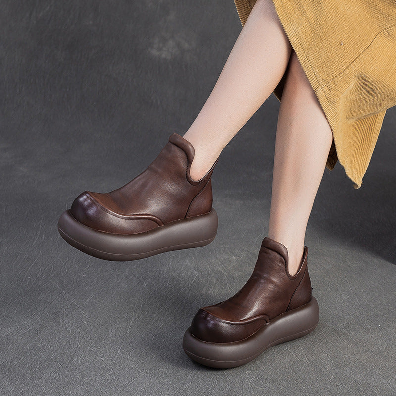 Women's Cowhide Retro Height Increasing Single-layer Ankle Design Women's Shoes