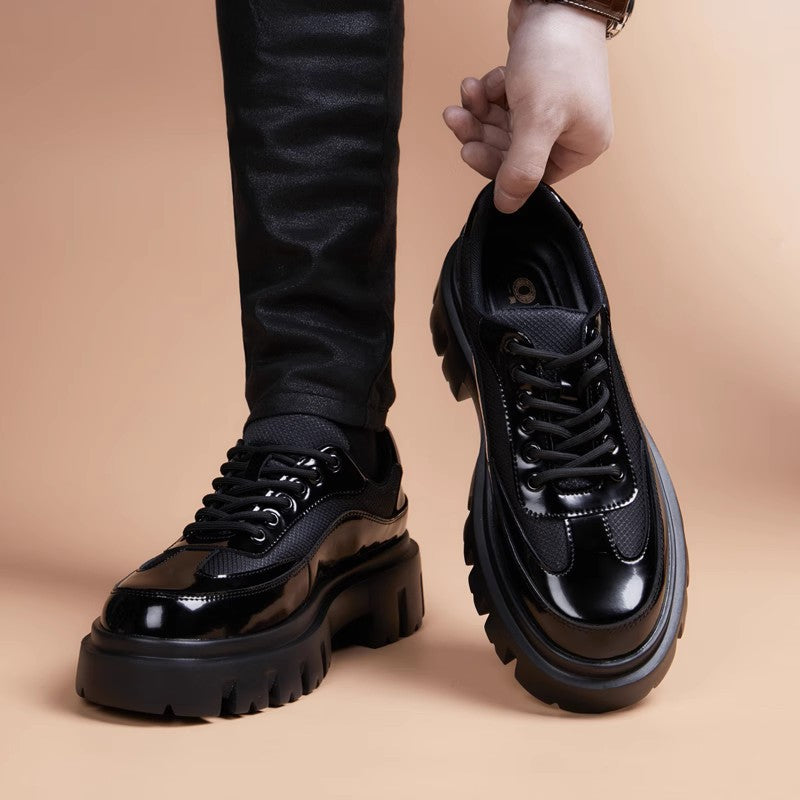 Men's Thick Bottom Hight Increasing British Round Toe Formal Wear Black Leather Shoes
