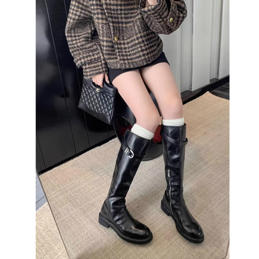 Quality Washed Horse Pattern Chunky Buckle Boots
